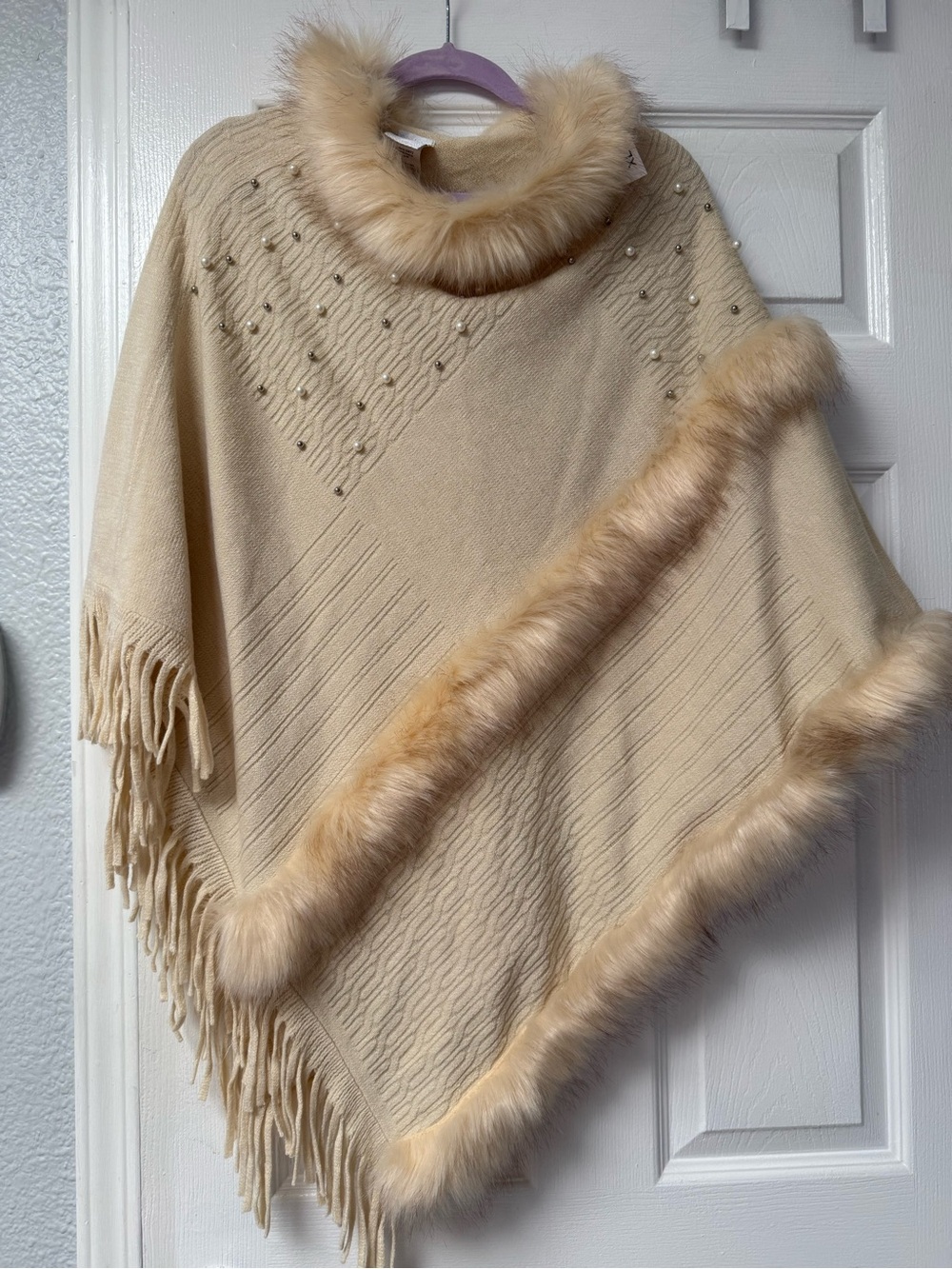 Beige Faux-Fur Trim Poncho Cape